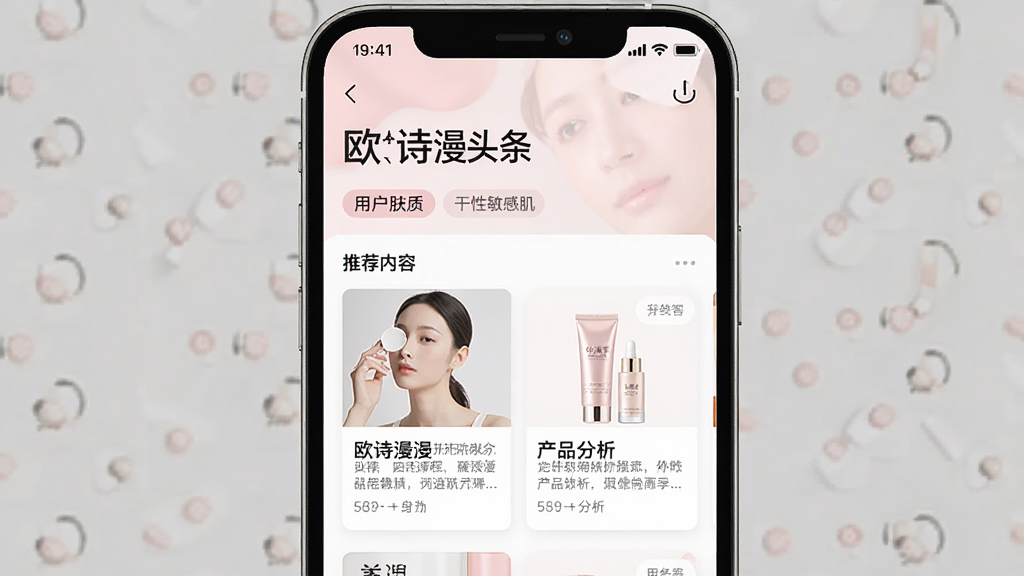 一张欧诗漫头条App的个性化推荐界面截图,屏幕中央显示“欧诗漫头条”标题,下方是用户肤质标签“干性敏感肌”和推荐内容卡片,卡片上有护肤教程和产品分析,配色以淡粉和白色为主,布局清晰,风格清新,画质干净无多余元素