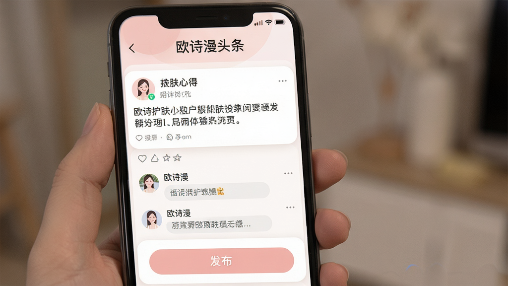 一张欧诗漫头条社区页面的手机界面展示,屏幕顶部显示“欧诗漫头条”文字,中间是用户发布的护肤心得帖子和评论互动区,底部有发布按钮,整体采用圆角卡片设计,配色柔和,风格社交化,画质清晰无杂乱元素