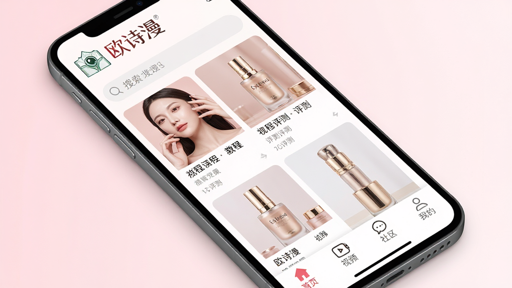 一张手机屏幕展示美妆资讯App主界面,顶部有欧诗漫头条的Logo和搜索框,中间是瀑布流的美妆教程和产品评测卡片,底部导航栏有首页、视频、社区、我的四个图标,背景是柔和的粉白色调,画面干净整洁,风格现代简约,细节清晰,画质明亮无多余元素