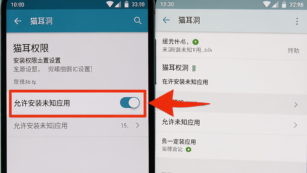 AI生图,一张手机屏幕截图教程图,画面显示“猫耳洞”App的安装权限设置界面,高亮标注“允许安装未知应用”的开关按钮,旁边有红色箭头指示,背景是安卓系统设置界面,风格写实,画质清晰,无多余元素。