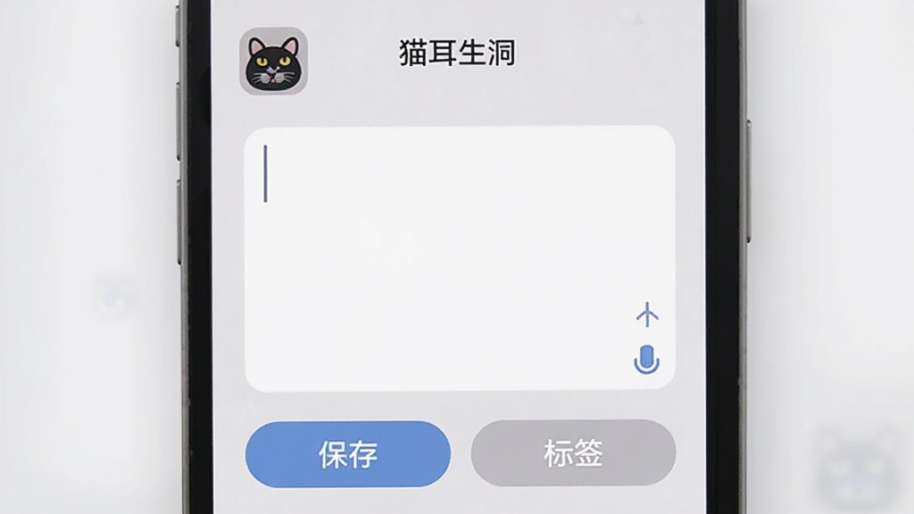 AI生图,一张“猫耳洞”App内页截图,画面主体是一个简洁的记事本输入界面,上方有“猫耳洞”小图标,中间是空白的输入框和闪烁的光标,下方有保存和标签按钮,布局干净利落,背景是浅灰色,风格现代简约,画质干净,无多余元素。