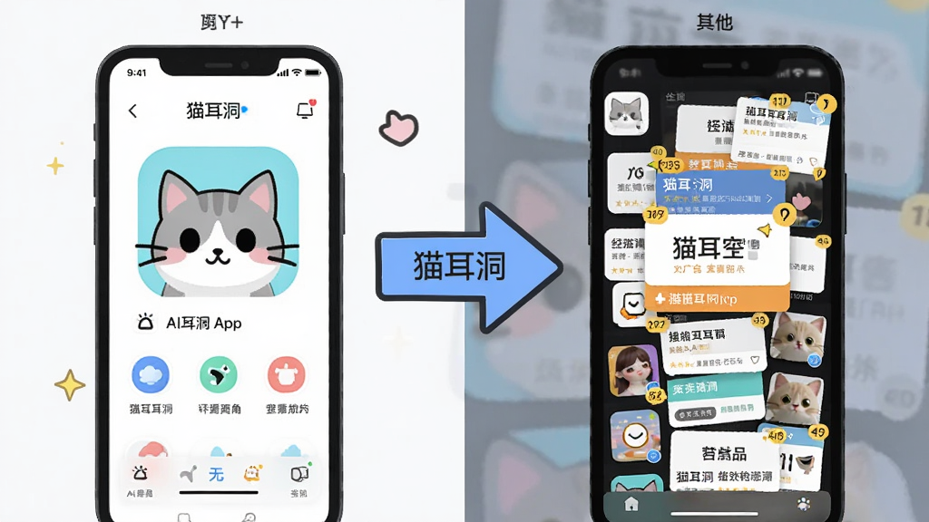 AI生图,一张对比图,左边是“猫耳洞”App界面,干净清爽,右边是其他同类App界面,满屏广告弹窗,中间用箭头连接,突出“猫耳洞”无广告的优势,画面风格卡通扁平,画质清晰,无多余元素。