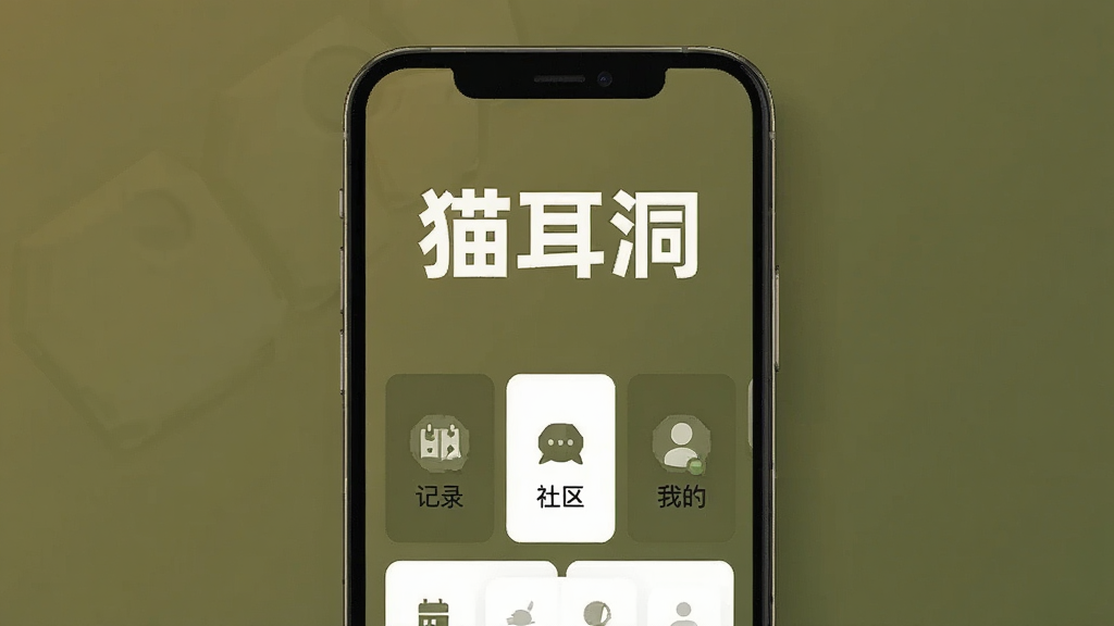 一张展示“猫耳洞”App核心界面的手机样机图,画面中央是手机屏幕,屏幕上显示“猫耳洞”三个大字作为Logo,下方是简洁的功能卡片布局,包含记录、社区、我的三个主要板块,背景是温暖的军绿色调,整体风格干净、硬朗、扁平化,画质清晰,无多余元素。