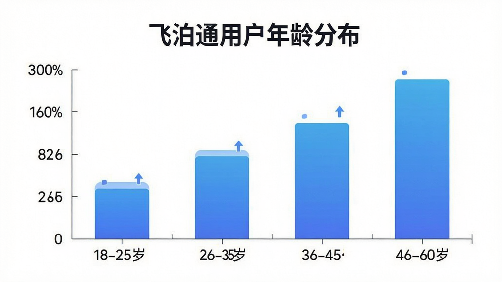 飞泊通用户年龄分布柱状图,画面为简洁的信息图表,横轴标注年龄段18-25岁、26-35岁、36-45岁、46-60岁,纵轴标注用户占比百分比,柱状颜色为蓝色渐变,图表标题为飞泊通用户年龄分布,背景白色,风格现代扁平,文字清晰,画质干净无多余元素