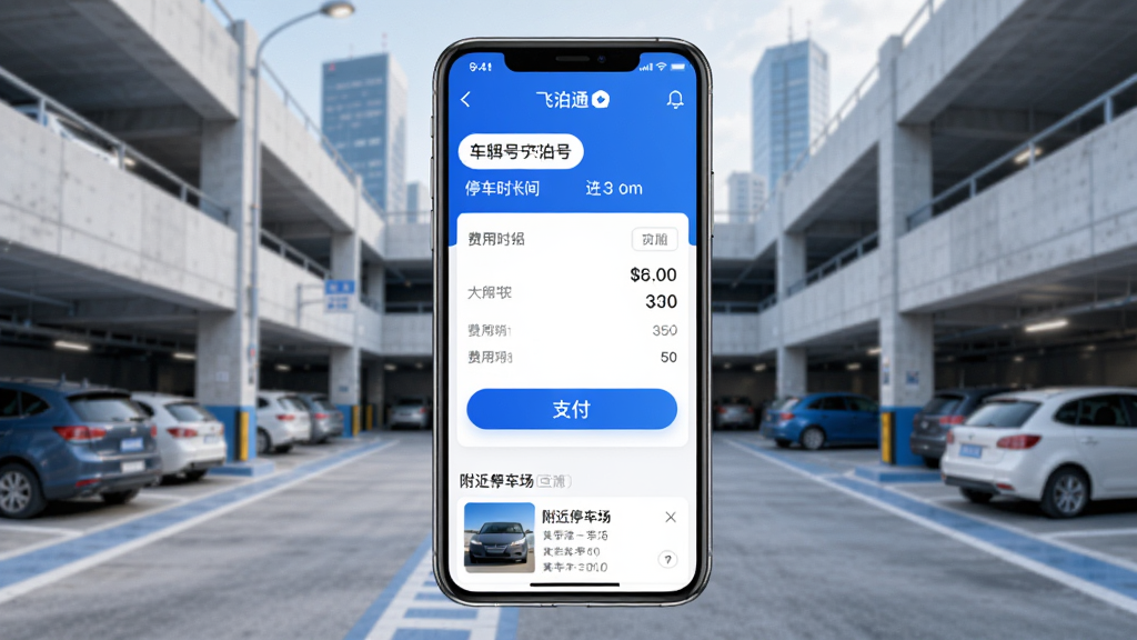 飞泊通App主界面展示图,画面中央是一部智能手机,屏幕上显示停车缴费页面,顶部有车牌号和停车时长信息,中部是费用明细和支付按钮,底部为附近停车场列表,背景是城市停车场场景,风格现代简洁,蓝白配色,画质干净清晰无多余元素