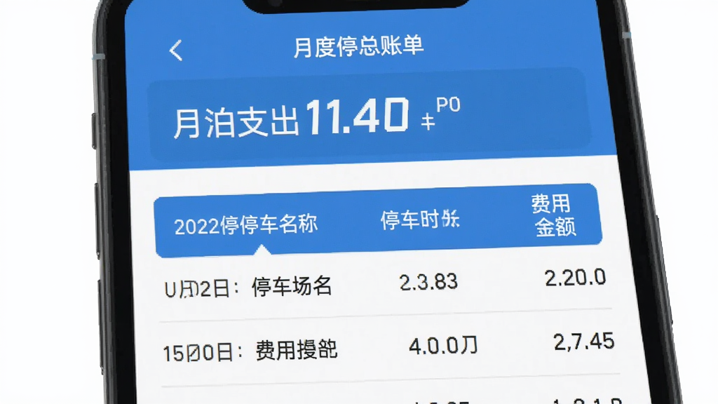 飞泊通停车记录账单页面展示图,手机屏幕显示月度停车账单汇总,包含日期、停车场名称、停车时长和费用金额的列表,顶部有月度总支出数字,界面清爽,蓝白配色,扁平化设计风格,文字标签明确,画质干净无多余元素