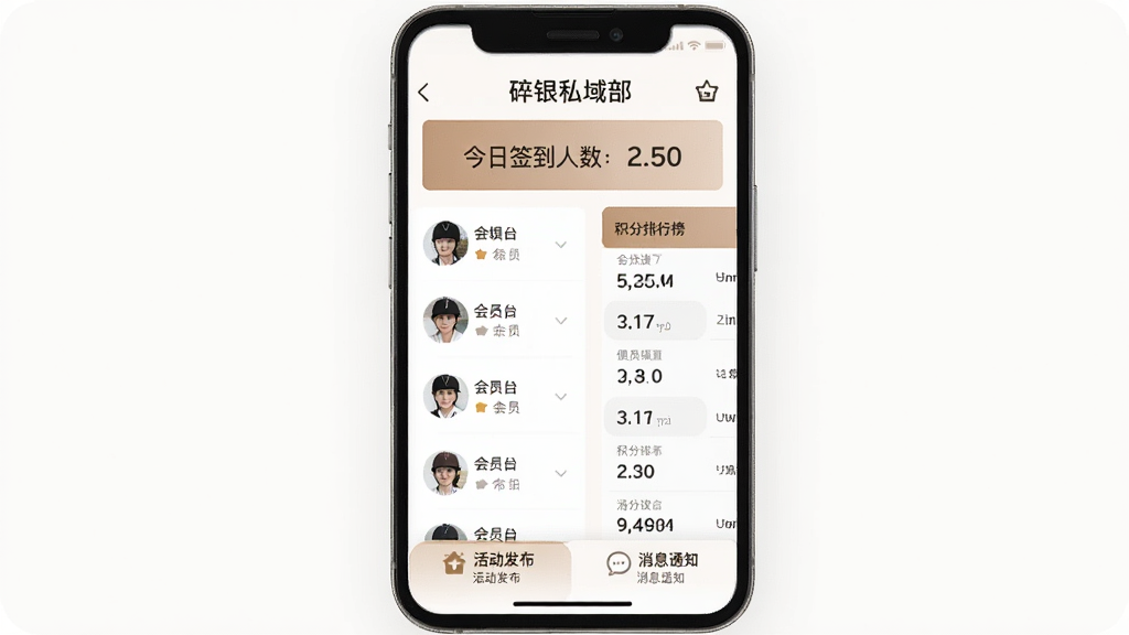 碎银私域 软件主界面截图,手机屏幕显示马术俱乐部会员管理后台,顶部是俱乐部名称和今日签到人数,中间是会员列表和积分排行榜,底部是活动发布和消息通知选项卡,界面以暖白色和浅棕色为主色调,风格简洁现代,画质干净清晰,无多余元素