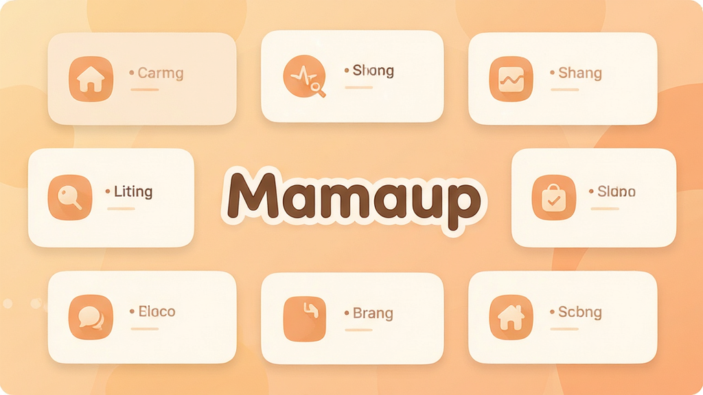 软件主界面全貌展示,中心位置放置「Mamaup」文字标识,周围环绕简洁的卡片式功能入口,整体采用柔和的暖色调,扁平化设计风格,图标圆润清晰,画质干净明亮,无多余装饰元素