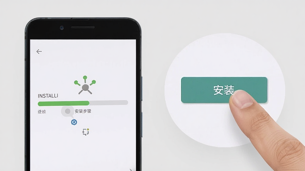 Mamaup安卓手机安装步骤示意图,画面中一部手机屏幕显示安装进度条,旁边有手指点击「安装」按钮的动作特写,背景是简洁的浅灰色,风格写实清晰,画质干净