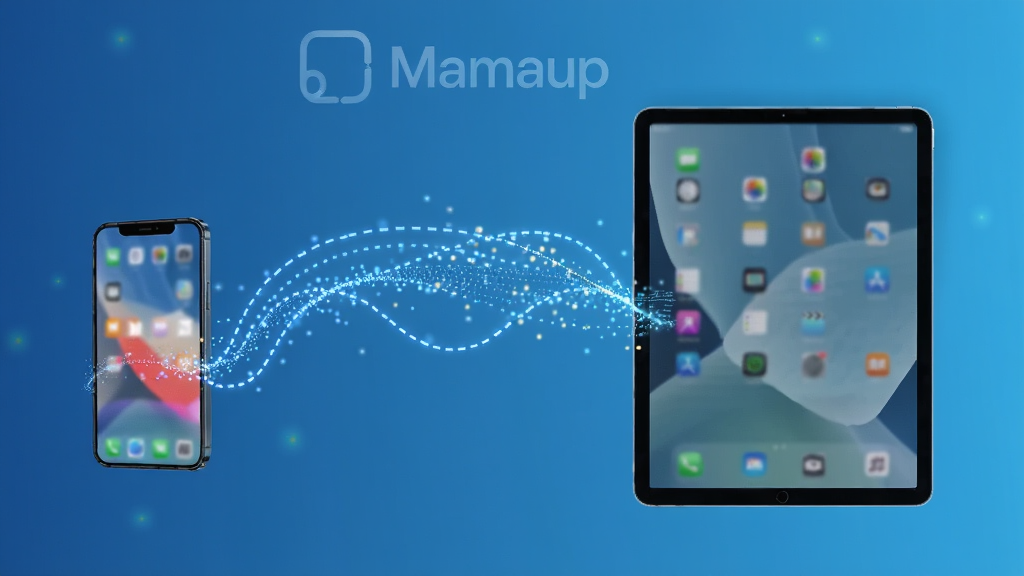 展示「Mamaup」云端同步功能的场景图,画面左侧是一部手机,右侧是一台平板电脑,两者之间用发光的虚线连接,线上有数据流动的粒子效果,背景是简洁的科技蓝渐变,整体风格现代干净