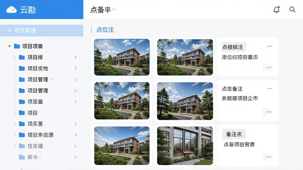 “云勘”应用内项目分类管理界面,左侧为项目文件夹列表,右侧为点位照片缩略图和备注信息,界面简洁,图标清晰,蓝色主题色,扁平化设计风格,画质干净,无多余装饰元素
