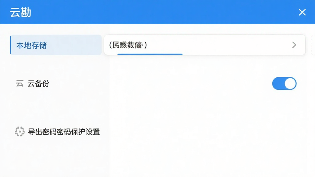 “云勘”应用设置界面截图,展示本地存储选项、云备份开关、导出密码保护设置等功能,界面布局清晰,文字标签明确,风格现代简约,蓝白配色,画质干净,无多余元素