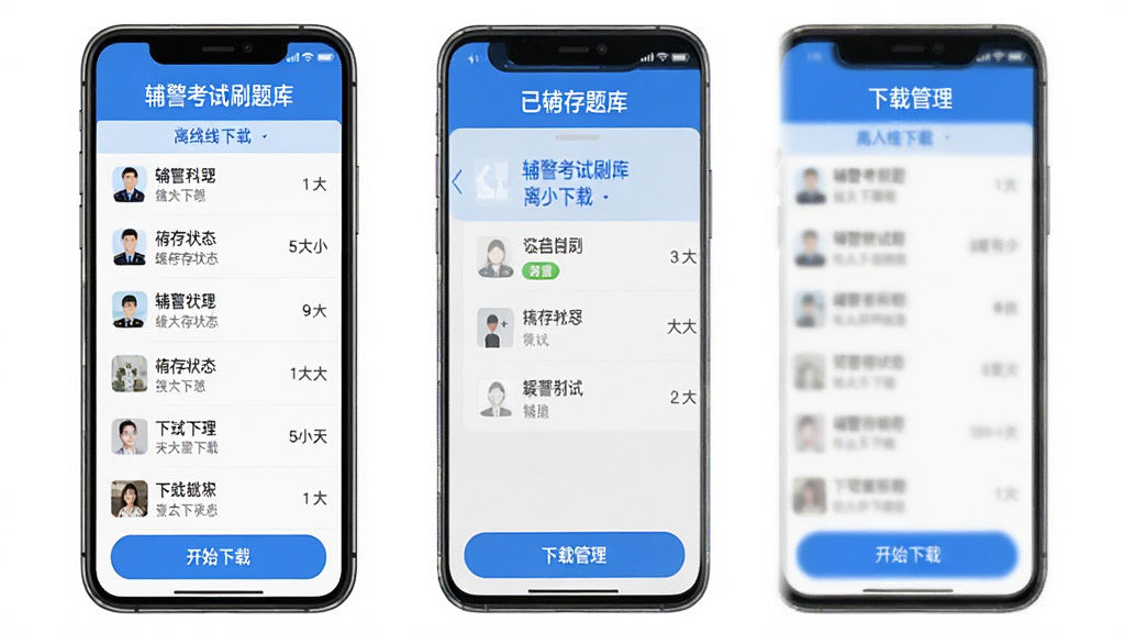 辅警考试刷题库 离线下载界面 手机屏幕显示已缓存题库列表和下载管理按钮 顶部有辅警考试刷题库标题 中间是各个科目的缓存状态和大小 底部是开始下载按钮 风格简洁 蓝色主色调 干净无多余元素 高清画质