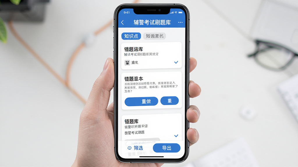 辅警考试刷题库 错题本界面 手机屏幕显示错题列表和知识点标签 顶部有辅警考试刷题库标题 中间是错题卡片和重做按钮 底部是筛选和导出按钮 风格清爽 蓝色点缀 干净无多余元素 高清画质