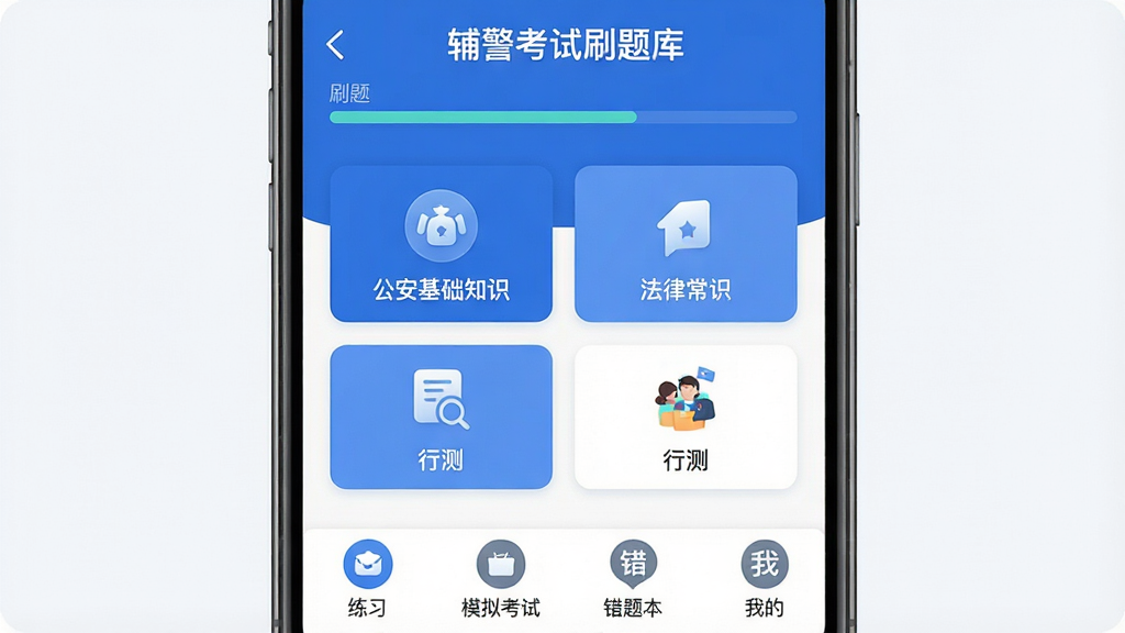 辅警考试刷题库 手机应用主界面 蓝色调 顶部显示辅警考试刷题库和刷题进度条 中间是题库分类卡片 包含公安基础知识 法律常识 行测 底部为练习 模拟考试 错题本 我的 四个选项卡 风格简约现代 图标圆润 干净无多余元素 高清画质