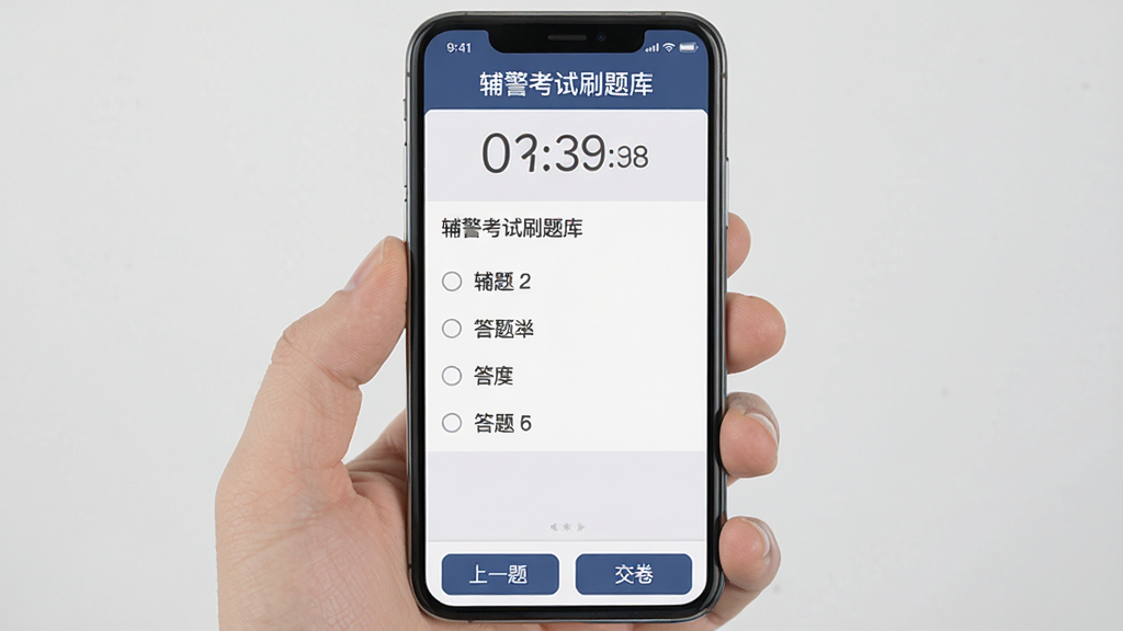 辅警考试刷题库 模拟考试界面 手机屏幕显示倒计时和答题卡 顶部有辅警考试刷题库字样 中间是单选题题干和四个选项 底部是上一题下一题交卷按钮 背景浅灰色 文字清晰 风格扁平化 干净无多余元素 高清画质