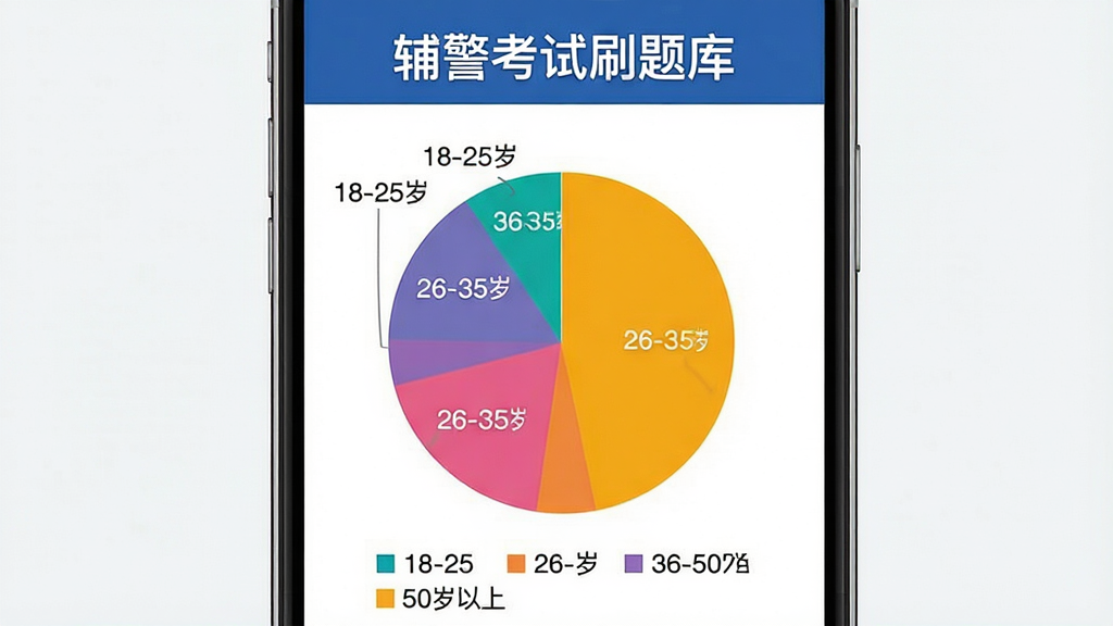辅警考试刷题库 用户年龄分布饼状图 手机屏幕显示不同年龄段占比 顶部有辅警考试刷题库标题 中间是彩色饼图 标注18-25岁 26-35岁 36-50岁 50岁以上 底部是图例说明 风格简洁 数据可视化 干净无多余元素 高清画质