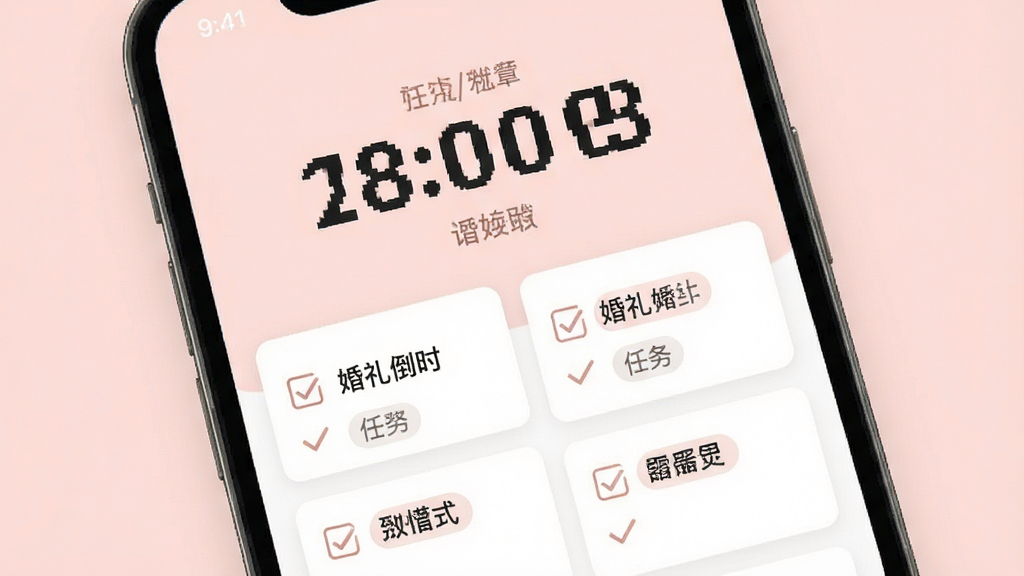 一张婚启备婚助手App的婚礼倒计时与任务总览界面截图风格图片,画面主体是手机屏幕,屏幕上方有大大的数字倒计时,下方是排列整齐的任务卡片列表,卡片上有勾选框和分类标签。背景是柔和的浅粉色,风格温馨简约,布局清晰,画质干净,无多余元素。