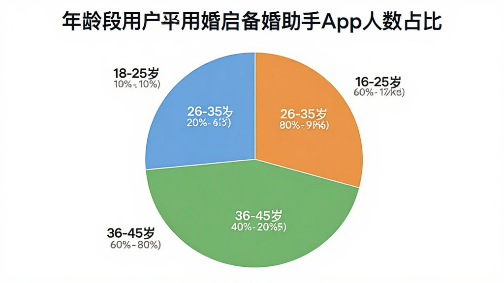 一张展示不同年龄段用户使用婚启备婚助手App人数占比的饼状图,图表分为四个扇区,分别标注“18-25岁”、“26-35岁”、“36-45岁”、“46-60岁”,每个扇区颜色不同,有清晰的百分比数字。背景是白色,图表风格简洁现代,画质干净,无多余元素。