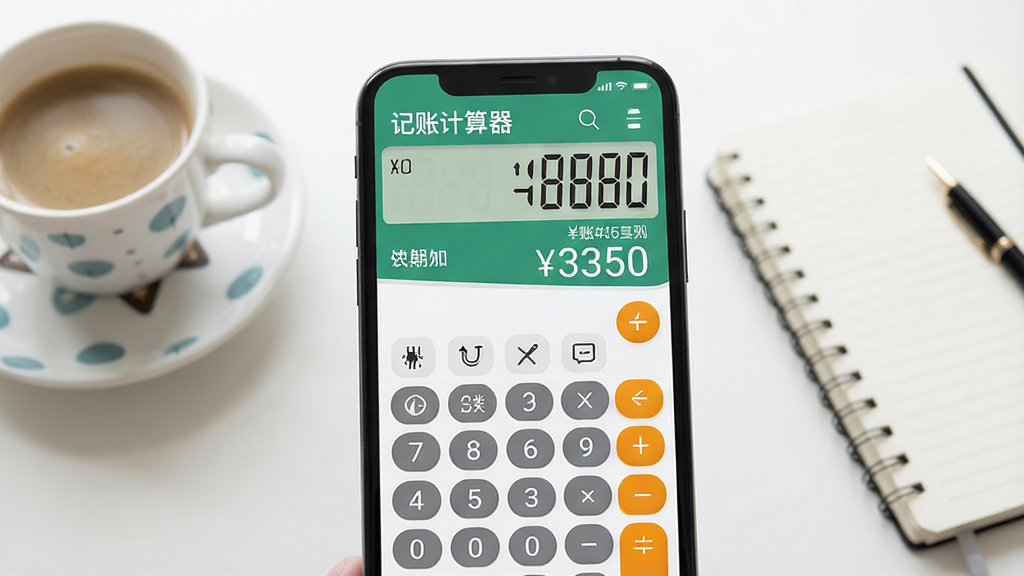 一张展示记账计算器App核心界面的详细图片,画面中央是一部智能手机,屏幕显示记账计算器的主界面,上方是数字显示屏显示金额和计算过程,下方是标准的计算器键盘和记账分类图标,背景是干净的书桌桌面,旁边放着一杯咖啡和一个笔记本,整体风格清新简约,光线明亮自然,画质清晰干净,无多余元素,图片中文字包含“记账计算器”