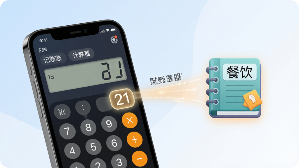 一张展示记账计算器App计算与记账融合功能的创意图片,画面中一部手机屏幕显示计算器界面,数字“21”被高亮显示,从屏幕中延伸出一条光路连接到一个账本图标上,账本上写着“餐饮”字样,背景是柔和的蓝白渐变,风格科技感且温馨,画质清晰,无多余元素,图片中文字包含“记账计算器”
