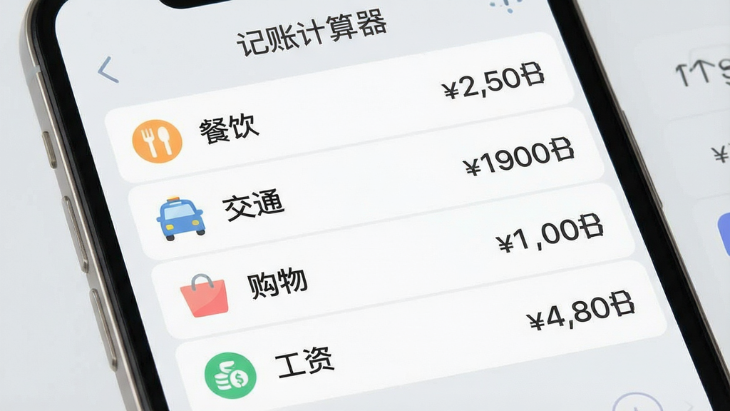 一张展示记账计算器App分类管理界面的图片,画面中手机屏幕显示一个列表,列表项包括“餐饮”、“交通”、“购物”、“工资”等分类,每个分类左侧有对应的小图标,右侧有金额统计,界面风格扁平化,配色柔和,背景是浅灰色,画质干净,无多余元素,图片中文字包含“记账计算器”