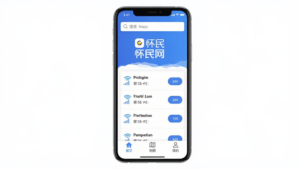 怀民网App主界面展示,手机屏幕中央显示怀民网Logo和附近WiFi列表,界面以蓝白配色为主,顶部搜索框,中间是可用热点列表每个热点旁边有信号强度图标和连接按钮,底部导航栏显示首页、地图、我的三个选项,整体风格简洁现代,文字清晰,画质干净,无多余元素