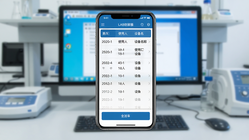 一张展示LAB仪器App使用记录导出界面的手机样机图,画面中央是手机屏幕,屏幕内显示记录列表和导出按钮,列表中有日期、使用人和设备名称,背景是实验室电脑桌面,风格现代扁平,蓝白配色,画质清晰干净,无多余元素