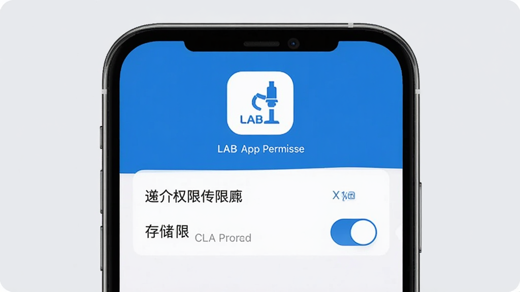 一张展示LAB仪器App权限设置引导界面的手机样机图,画面中央是手机屏幕,屏幕内显示通知权限和存储权限的开关选项,顶部有LAB仪器图标,背景是淡灰色,风格简洁现代,蓝白配色,画质清晰干净,无多余元素