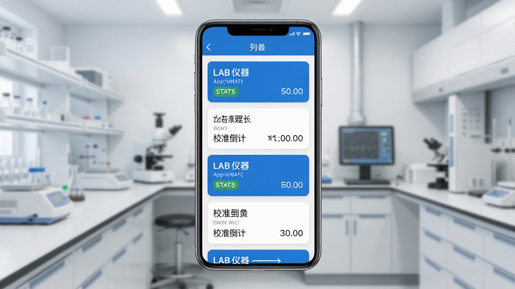 一张展示LAB仪器App设备列表界面的手机截图风格图片,画面中央是手机屏幕,屏幕内显示多张设备卡片,每张卡片上有设备名称、状态标签和校准倒计时,背景是淡灰色实验室环境,风格简洁现代,蓝白配色,画质清晰干净,无多余元素