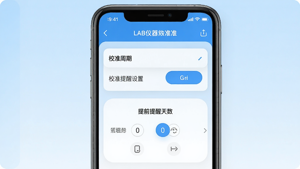 一张展示LAB仪器App校准提醒设置界面的手机截图风格图片,画面中央是手机屏幕,屏幕内显示校准周期选项和提前提醒天数选择器,顶部有设备名称,背景是淡蓝色渐变,风格简洁现代,蓝白配色,画质清晰干净,无多余元素