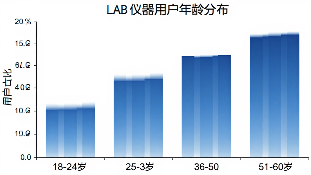 一张展示LAB仪器用户年龄分布的柱状图图片,横轴为年龄段18-24岁、25-35岁、36-50岁、51-60岁,纵轴为用户占比,柱状图颜色为蓝色系渐变,背景为白色,风格简洁现代,画质清晰干净,无多余元素