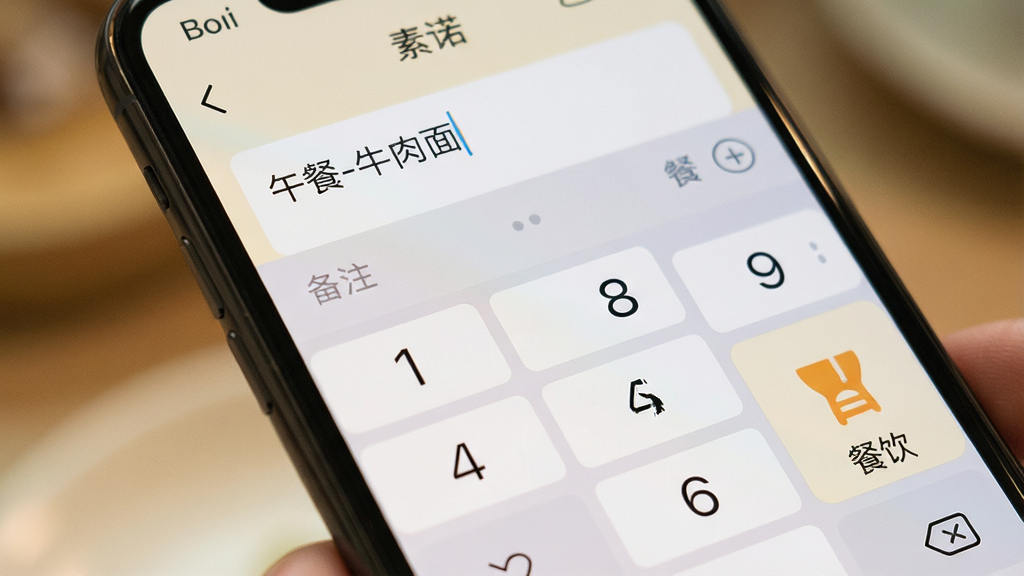 一张特写手机屏幕的图片,屏幕上展示着“素诺”应用的记账键盘界面,数字按键清晰醒目,上方有一个备注输入框,里面写着“午餐-牛肉面”,下方自动高亮选中了“餐饮”分类的图标,画面背景稍微虚化,突出手机屏幕上的操作细节,风格写实,色调温暖,画质细腻,干净无多余元素。