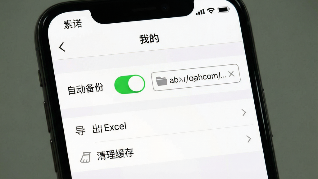 一张手机屏幕截图风格的图片,画面显示“素诺”应用中的“我的”设置页面,页面上有“自动备份”开关按钮处于开启状态,旁边有一个文件夹路径选择框,下方有“导出Excel”和“清理缓存”两个选项,界面排版整齐,字体清晰,背景为纯白色,图标为灰色线性风格,整体干净利落,画质清晰,无多余装饰。