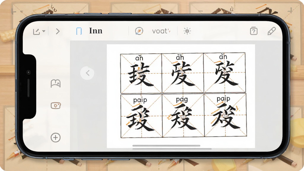 奇多作业纸App的生字帖编辑界面,手机屏幕显示着输入框和预览区,预览区展示着带有田字格、拼音和笔顺的生字描红纸,字体工整,排版规范,界面风格清新,画质清晰