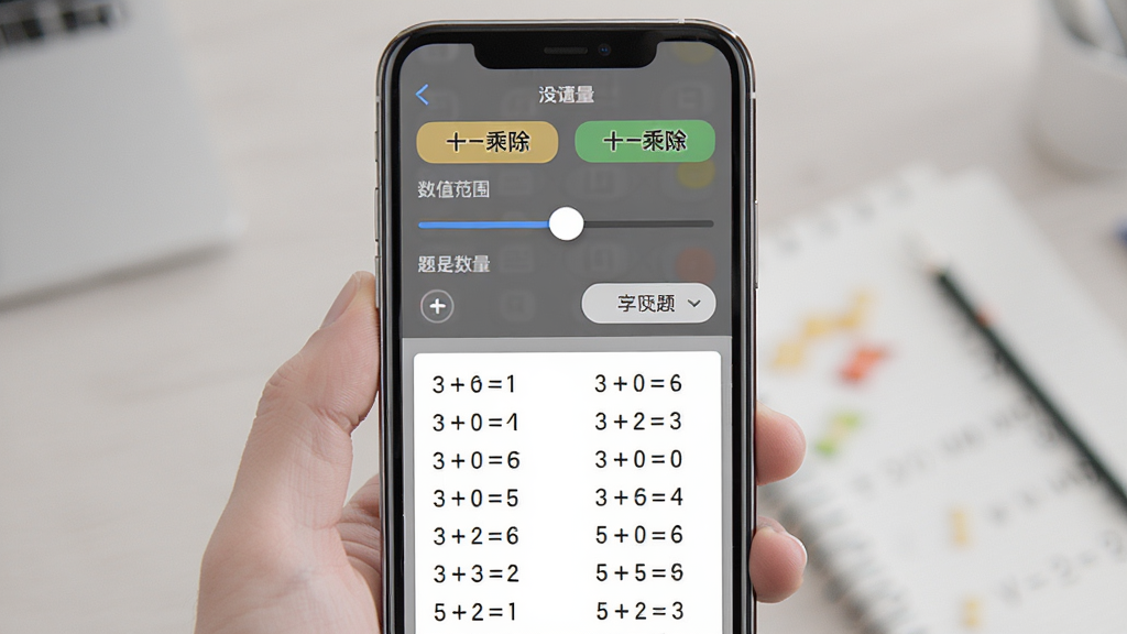 奇多作业纸App的口算题卡生成页面,画面中手机屏幕显示着设置界面,有加减乘除选项、数值范围滑块、题目数量选择,下方是预览区域,展示着排版整齐的口算题目,风格简洁,操作直观,画质干净