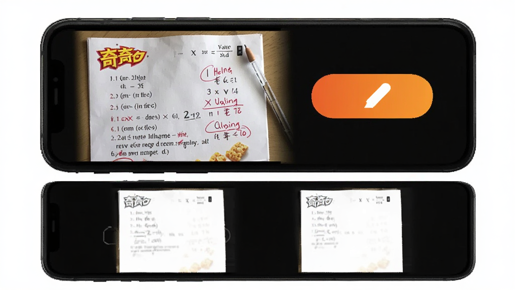 奇多作业纸App的试卷擦除功能演示图,画面中手机屏幕显示着一张数学试卷的照片,上面有手写答案,旁边有一个擦除按钮,下方是擦除后的空白试卷预览,对比明显,界面简洁,画质清晰