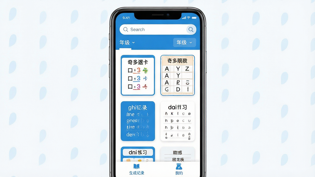 一张展示奇多作业纸App核心界面的图片,画面中央是手机屏幕,屏幕上显示着奇多作业纸App的主页,顶部有搜索框和年级选择,中间是整齐排列的作业纸模板图标,包括口算题卡、生字帖、拼音练习等,底部是生成记录和我的页面,布局清晰,风格简洁明快,以蓝白配色为主,画质干净,无多余元素