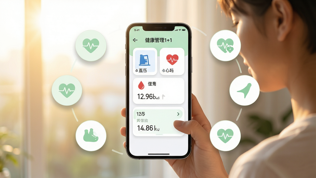 健康管理1+1 手机应用主界面,一位年轻人在晨光中使用手机记录健康数据,画面主体为手机屏幕显示血压、心率、体重等健康指标卡片,布局清晰,周围有淡绿色和白色的健康图标环绕,排版居中,风格简约清新,细节有圆润的卡片和柔和阴影,画质高清,干净无多余元素
