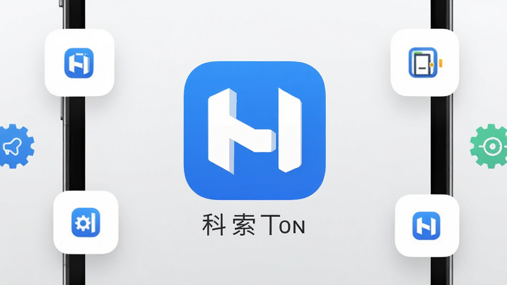 手机屏幕正中央显示科索顿App的图标和名称,图标是简约的蓝白配色几何图形,背景是干净的浅灰色渐变,周围漂浮着几个功能小图标代表工具集合,整体风格现代扁平,画质干净清晰无多余元素