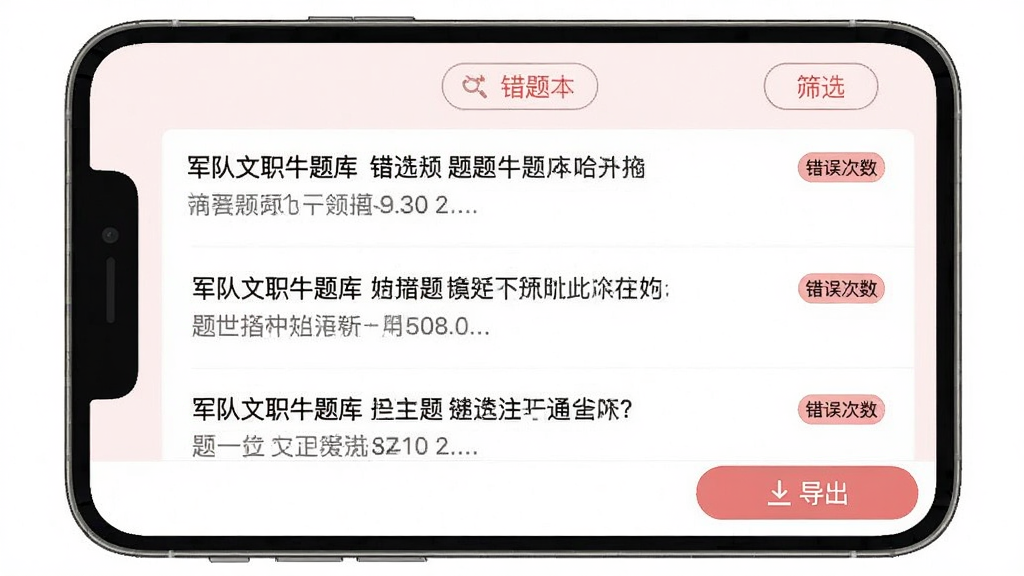 军队文职牛题库 App 错题本界面,手机屏幕展示错题列表,每道题显示题干摘要和错误次数标签,顶部有筛选按钮,底部有清空和导出选项,界面简洁,以白色和淡红色为主色调,画质干净无多余元素