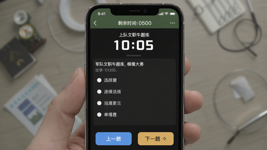 军队文职牛题库 App 模考大赛页面,手机屏幕展示考试倒计时和答题卡界面,顶部有剩余时间显示,中间是单选题题干和四个选项,底部有上一题下一题按钮,界面干净,文字清晰,画质无多余元素