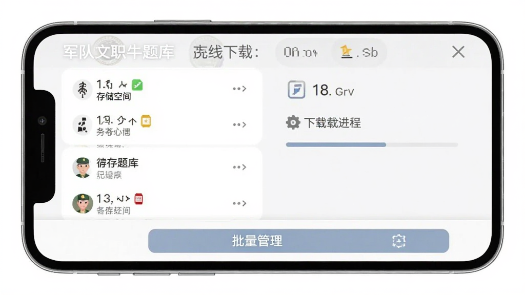 军队文职牛题库 App 离线下载管理页面,手机屏幕展示已缓存题库列表和下载进度条,顶部有存储空间提示,底部有批量管理按钮,界面简洁,以白色和浅灰色为主,画质干净无多余元素