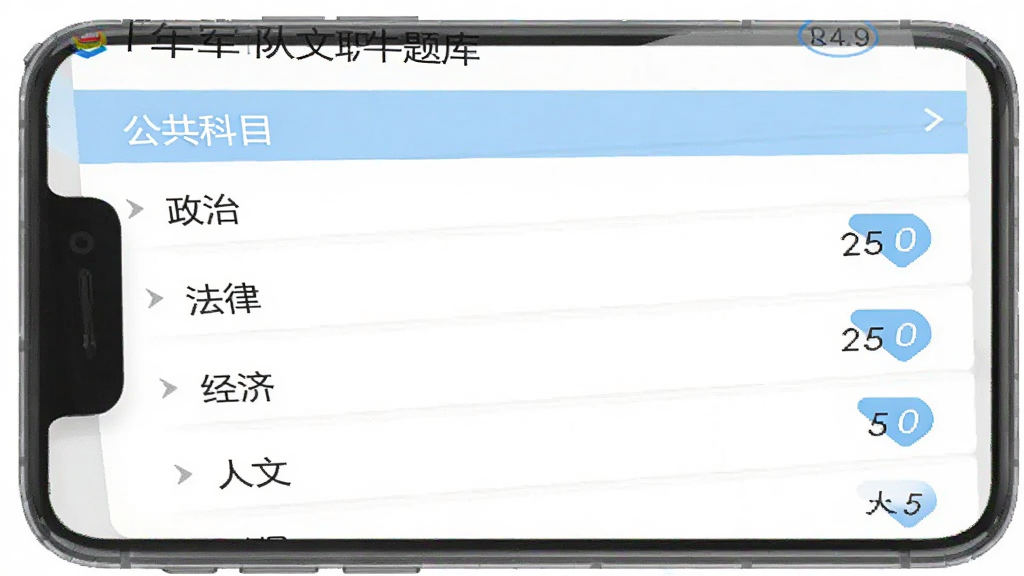 军队文职牛题库 App 题库分类页面,手机屏幕展示公共科目下的章节列表,包括政治、法律、经济、人文等模块,每个模块右侧有题目数量角标,界面以白色和浅蓝色为主,布局整齐,文字清晰,画质干净无多余元素