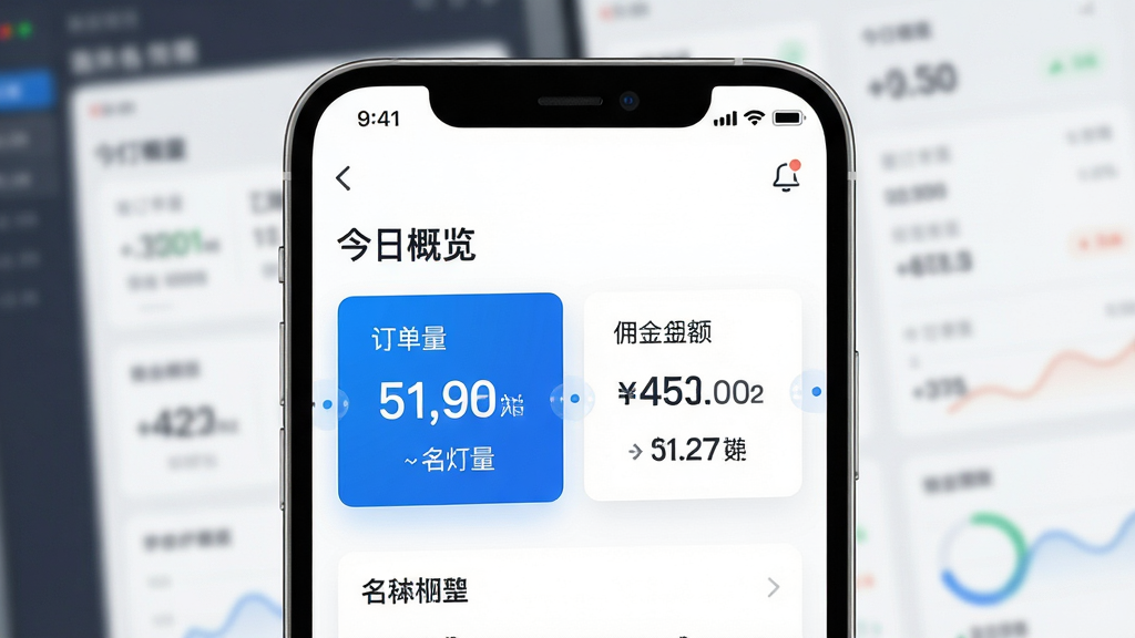 名灯格分销APP的数据看板特写,手机屏幕画面聚焦在“今日概览”区域,数字滚动效果展示订单量和佣金金额,界面配色以白色和科技蓝为主,字体清晰锐利,背景虚化处理,突出数据卡片,风格现代简约,画质干净