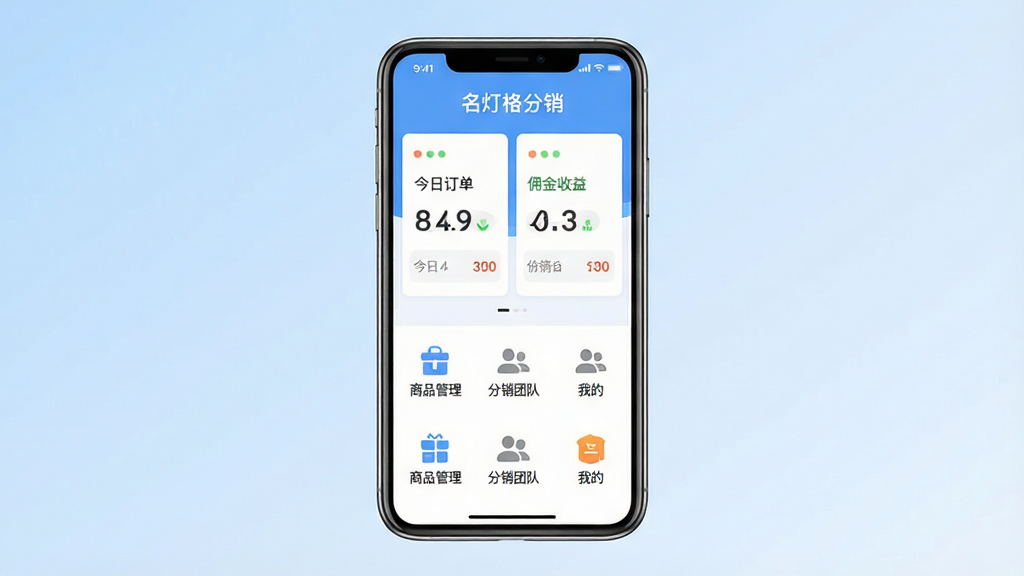 名灯格分销软件主界面全貌展示,画面中央是手机屏幕,屏幕内显示名灯格分销APP的首页看板,上方有“名灯格分销”文字标识,中间展示今日订单数量和佣金收益卡片,下方排列着商品管理、分销团队、我的三个功能模块图标,背景为浅蓝色渐变,整体风格简洁商务,扁平化设计,画质清晰干净无多余元素