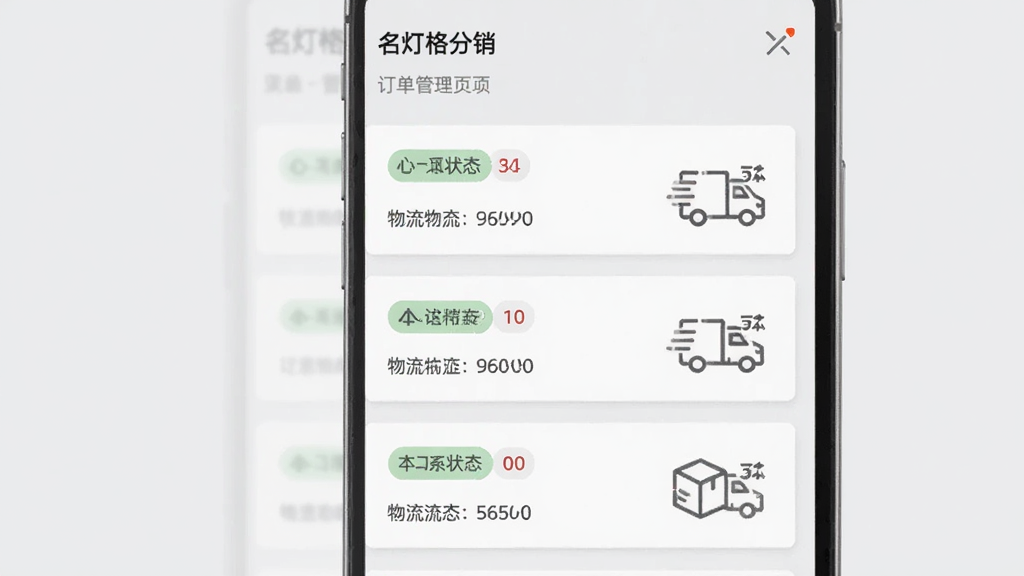 名灯格分销的订单管理页面,手机屏幕显示订单列表,每笔订单卡片上有状态标签和物流信息图标,背景是浅灰色,界面排版整齐,文字清晰,风格扁平化,画质干净无多余装饰