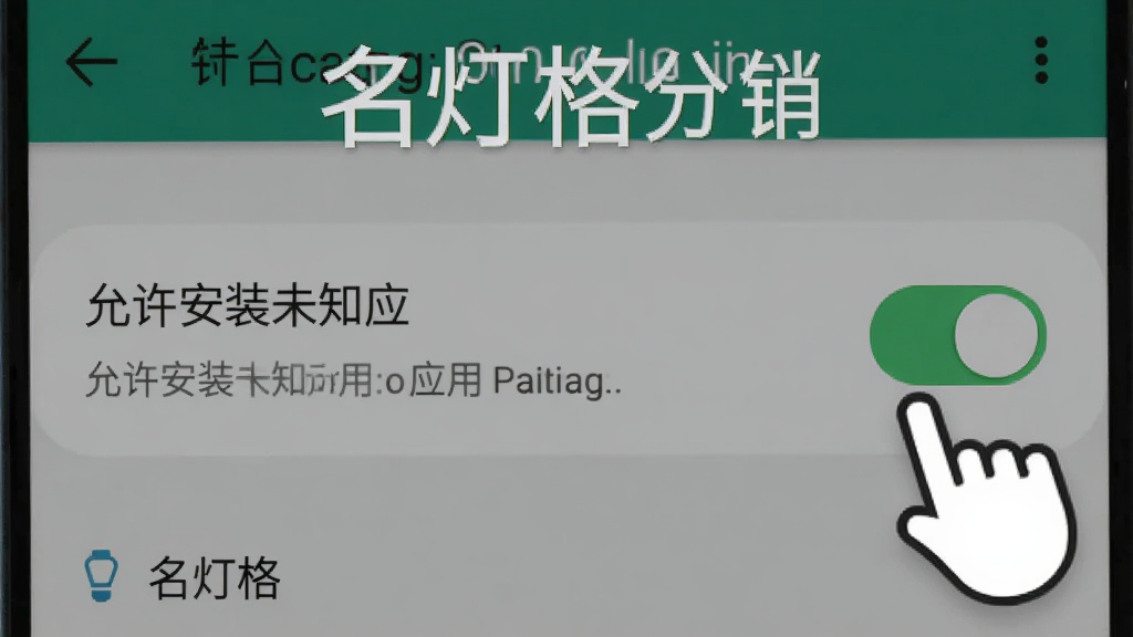 名灯格分销在手机上的安装权限设置界面示意图,画面展示安卓手机设置页面中“允许安装未知应用”的开关被打开,旁边有手指点击的图标,背景是手机系统设置界面,风格写实,画质清晰,标注有“名灯格分销”文字