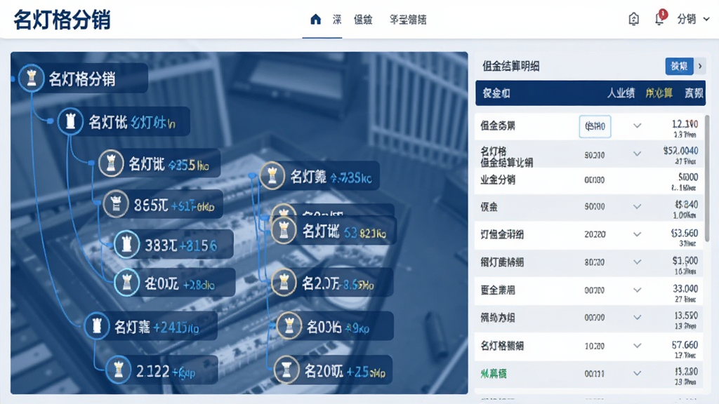 名灯格分销的佣金管理界面截图,画面中展示一个树状分销团队结构图,每个节点旁标注着佣金比例和业绩数据,右侧有佣金结算明细列表,界面风格专业严谨,色彩以深蓝和白色为主,文字标签“名灯格分销”位于顶部,画质清晰