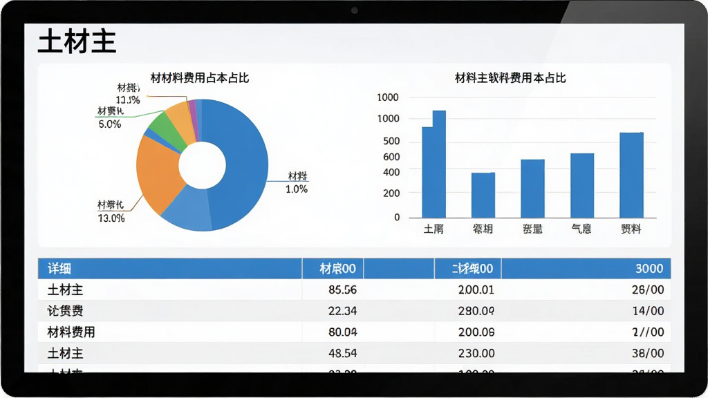 土材主软件项目成本统计界面截图,屏幕上方显示“土材主”文字,中间是饼状图和柱状图展示材料费用占比,下方是详细费用列表,蓝白配色,扁平化设计,数据可视化清晰,画质干净无多余元素